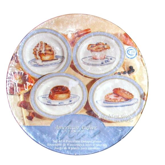 American Atelier Dessert Plates Set 4 Muffin Pie Pecan Roll 8.25" Blue White Box - Picture 4 of 4